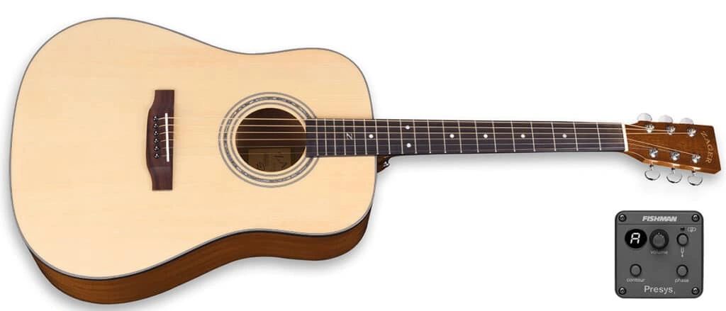 Close up image of Zager Guitars ZAD20E to convey the best acoustic guitars under $2,000